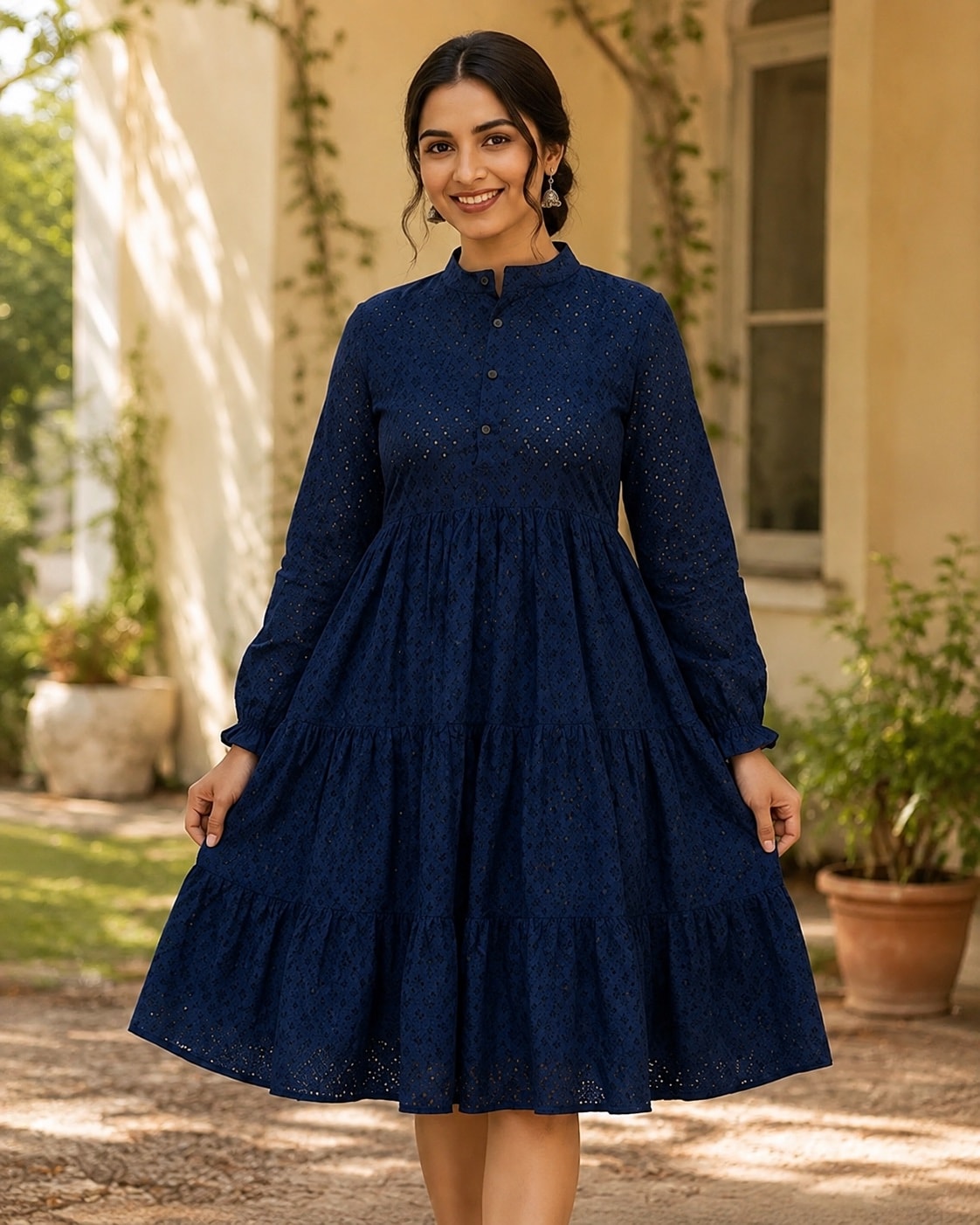 Navy Hakoba Cotton Tiered Dress