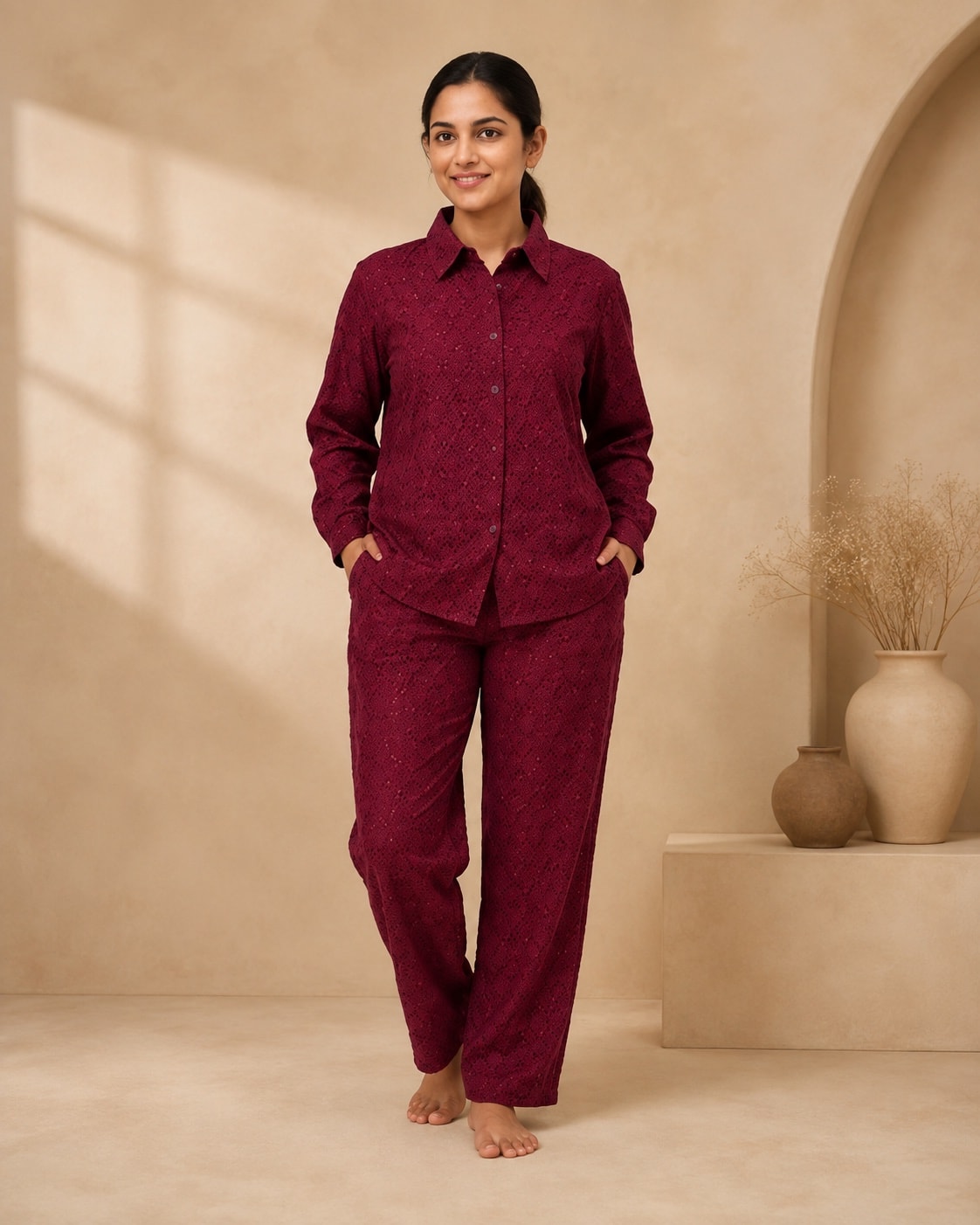 Beetroot Hakoba Cotton Co-ord Set