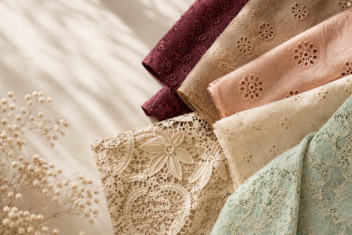 Schiffli eyelet cottons layered in many colours